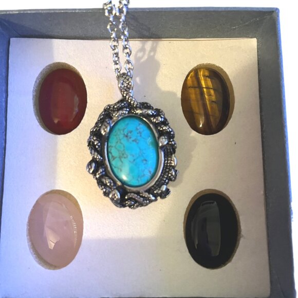 Silver Tone Necklace with Five Interchangeable Cabochon Gemsones New In Box - Picture 3 of 8